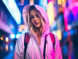 mulher dentro futurista roupas goza vagaroso passear através néon cidade ruas ai generativo foto