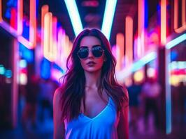 mulher dentro futurista roupas goza vagaroso passear através néon cidade ruas ai generativo foto