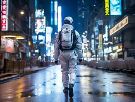 homem dentro futuro prova roupas goza uma vagaroso passear através uma néon aceso cidade ruas ai generativo foto