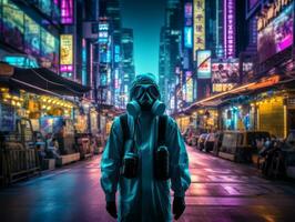 homem dentro futuro prova roupas goza uma vagaroso passear através uma néon aceso cidade ruas ai generativo foto