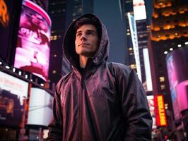 homem dentro futuro prova roupas goza uma vagaroso passear através uma néon aceso cidade ruas ai generativo foto