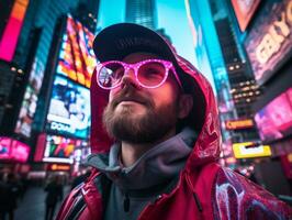 homem dentro futuro prova roupas goza uma vagaroso passear através uma néon aceso cidade ruas ai generativo foto