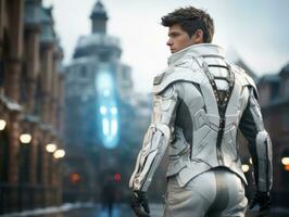 homem dentro futurista roupas goza uma vagaroso passear através uma cidade ruas ai generativo foto