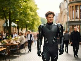 homem dentro futurista roupas goza uma vagaroso passear através uma cidade ruas ai generativo foto