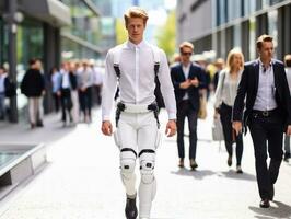 homem dentro futurista roupas goza uma vagaroso passear através uma cidade ruas ai generativo foto