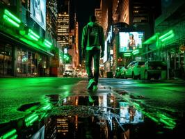 homem dentro futuro prova roupas goza uma vagaroso passear através uma néon aceso cidade ruas ai generativo foto