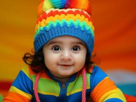 adorável bebê com vibrante roupas dentro uma brincalhão pose ai generativo foto