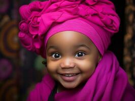 adorável bebê com vibrante roupas dentro uma brincalhão pose ai generativo foto