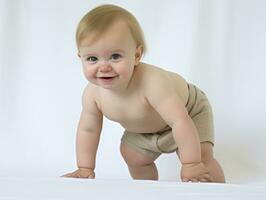 adorável bebê com vibrante roupas dentro uma brincalhão pose ai generativo foto