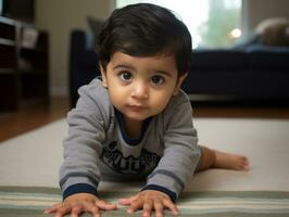 adorável bebê com vibrante roupas dentro uma brincalhão pose ai generativo foto