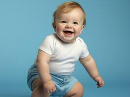 adorável bebê com vibrante roupas dentro uma brincalhão pose ai generativo foto