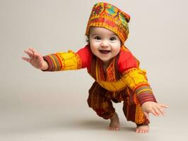 adorável bebê com vibrante roupas dentro uma brincalhão pose ai generativo foto