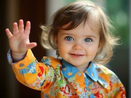 adorável bebê com vibrante roupas dentro uma brincalhão pose ai generativo foto