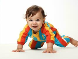 adorável bebê com vibrante roupas dentro uma brincalhão pose ai generativo foto