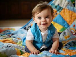 adorável bebê com vibrante roupas dentro uma brincalhão pose ai generativo foto