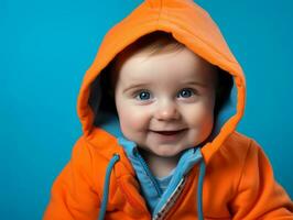 adorável bebê com vibrante roupas dentro uma brincalhão pose ai generativo foto