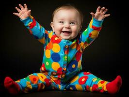 adorável bebê com vibrante roupas dentro uma brincalhão pose ai generativo foto