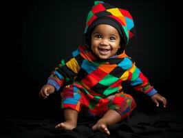 adorável bebê com vibrante roupas dentro uma brincalhão pose ai generativo foto