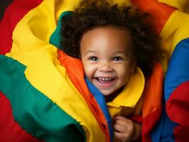 adorável bebê com vibrante roupas dentro uma brincalhão pose ai generativo foto