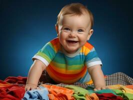 adorável bebê com vibrante roupas dentro uma brincalhão pose ai generativo foto