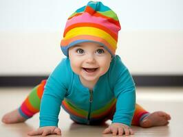 adorável bebê com vibrante roupas dentro uma brincalhão pose ai generativo foto