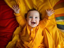 adorável bebê com vibrante roupas dentro uma brincalhão pose ai generativo foto