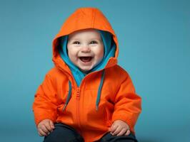 adorável bebê com vibrante roupas dentro uma brincalhão pose ai generativo foto