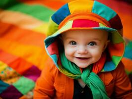 adorável bebê com vibrante roupas dentro uma brincalhão pose ai generativo foto