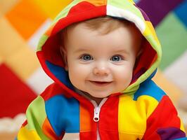 adorável bebê com vibrante roupas dentro uma brincalhão pose ai generativo foto