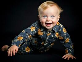 adorável bebê com vibrante roupas dentro uma brincalhão pose ai generativo foto