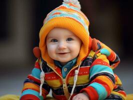 adorável bebê com vibrante roupas dentro uma brincalhão pose ai generativo foto