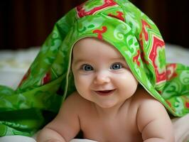 adorável bebê com vibrante roupas dentro uma brincalhão pose ai generativo foto