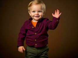 adorável bebê com vibrante roupas dentro uma brincalhão pose ai generativo foto