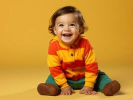 adorável bebê com vibrante roupas dentro uma brincalhão pose ai generativo foto