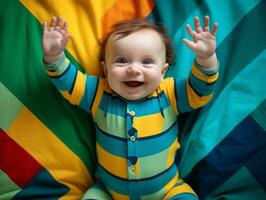 adorável bebê com vibrante roupas dentro uma brincalhão pose ai generativo foto