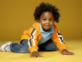 adorável bebê com vibrante roupas dentro uma brincalhão pose ai generativo foto