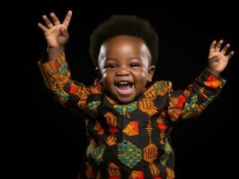 adorável bebê com vibrante roupas dentro uma brincalhão pose ai generativo foto