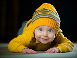 adorável bebê com vibrante roupas dentro uma brincalhão pose ai generativo foto