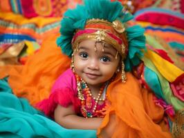 adorável bebê com vibrante roupas dentro uma brincalhão pose ai generativo foto