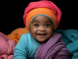 adorável bebê com vibrante roupas dentro uma brincalhão pose ai generativo foto