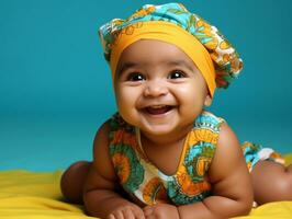 adorável bebê com vibrante roupas dentro uma brincalhão pose ai generativo foto