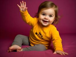 adorável bebê com vibrante roupas dentro uma brincalhão pose ai generativo foto