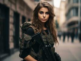 mulher serve Como uma dedicada e destemido soldado ai generativo foto