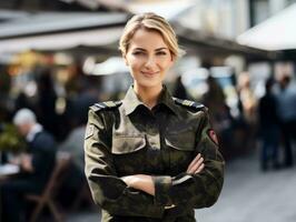 mulher serve Como uma dedicada e destemido soldado ai generativo foto