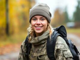 mulher serve Como uma dedicada e destemido soldado ai generativo foto