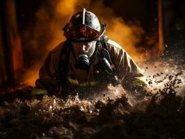 corajoso masculino bombeiro destemidamente confronta a ardente inferno ai generativo foto