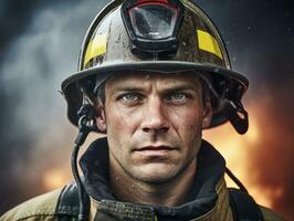 corajoso masculino bombeiro destemidamente confronta a ardente inferno ai generativo foto