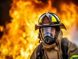 corajoso masculino bombeiro destemidamente confronta a ardente inferno ai generativo foto