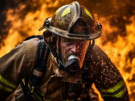 corajoso masculino bombeiro destemidamente confronta a ardente inferno ai generativo foto