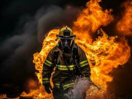 corajoso masculino bombeiro destemidamente confronta a ardente inferno ai generativo foto